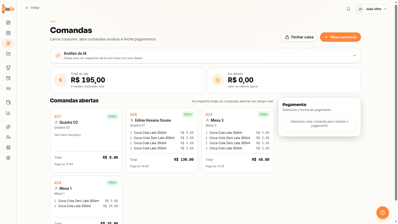 Tela de comandas com alerta de comandas em aberto e lista de pedidos com status pago e aberto