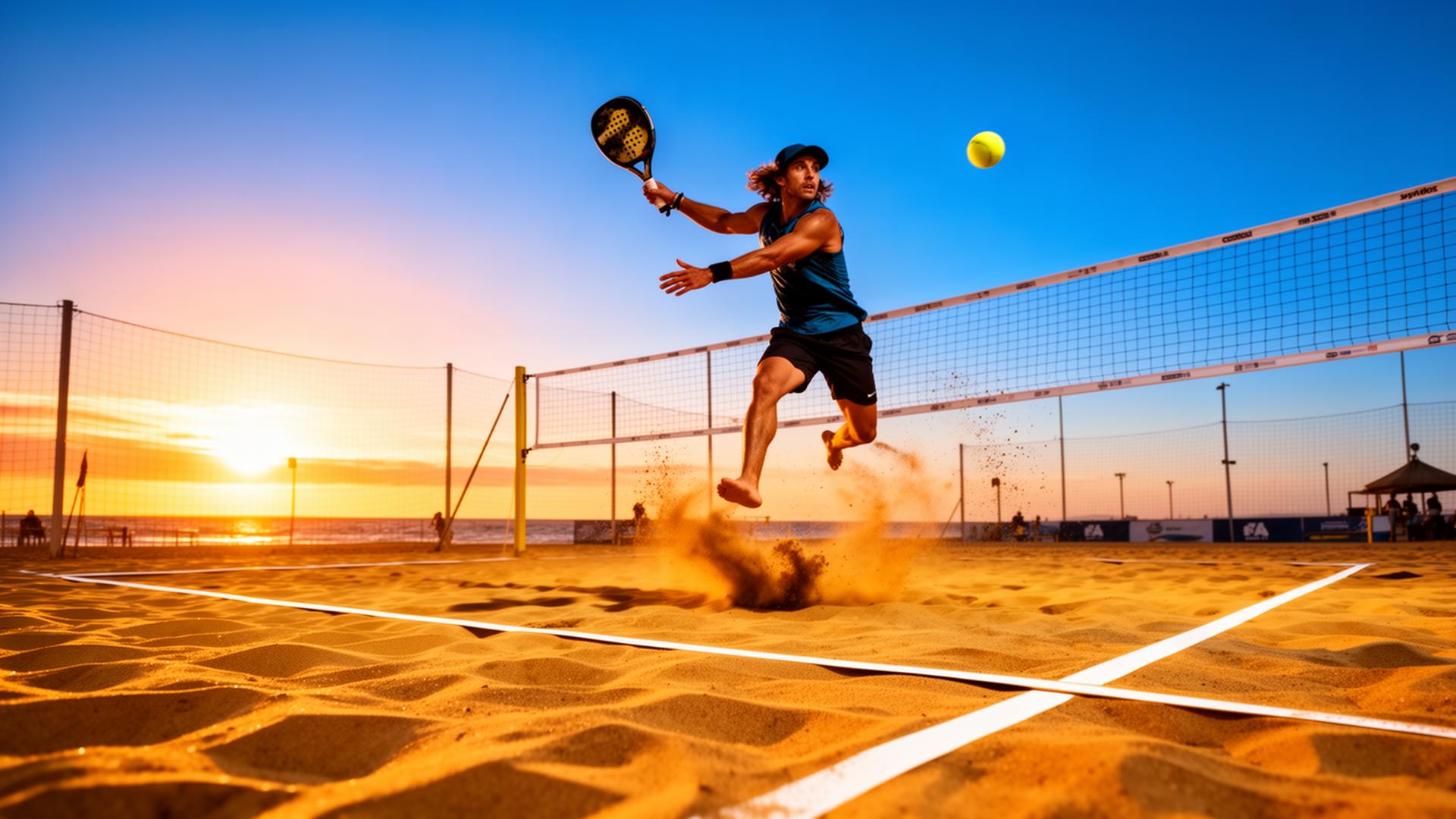 Atleta de beach tennis em ação numa arena ao pôr do sol