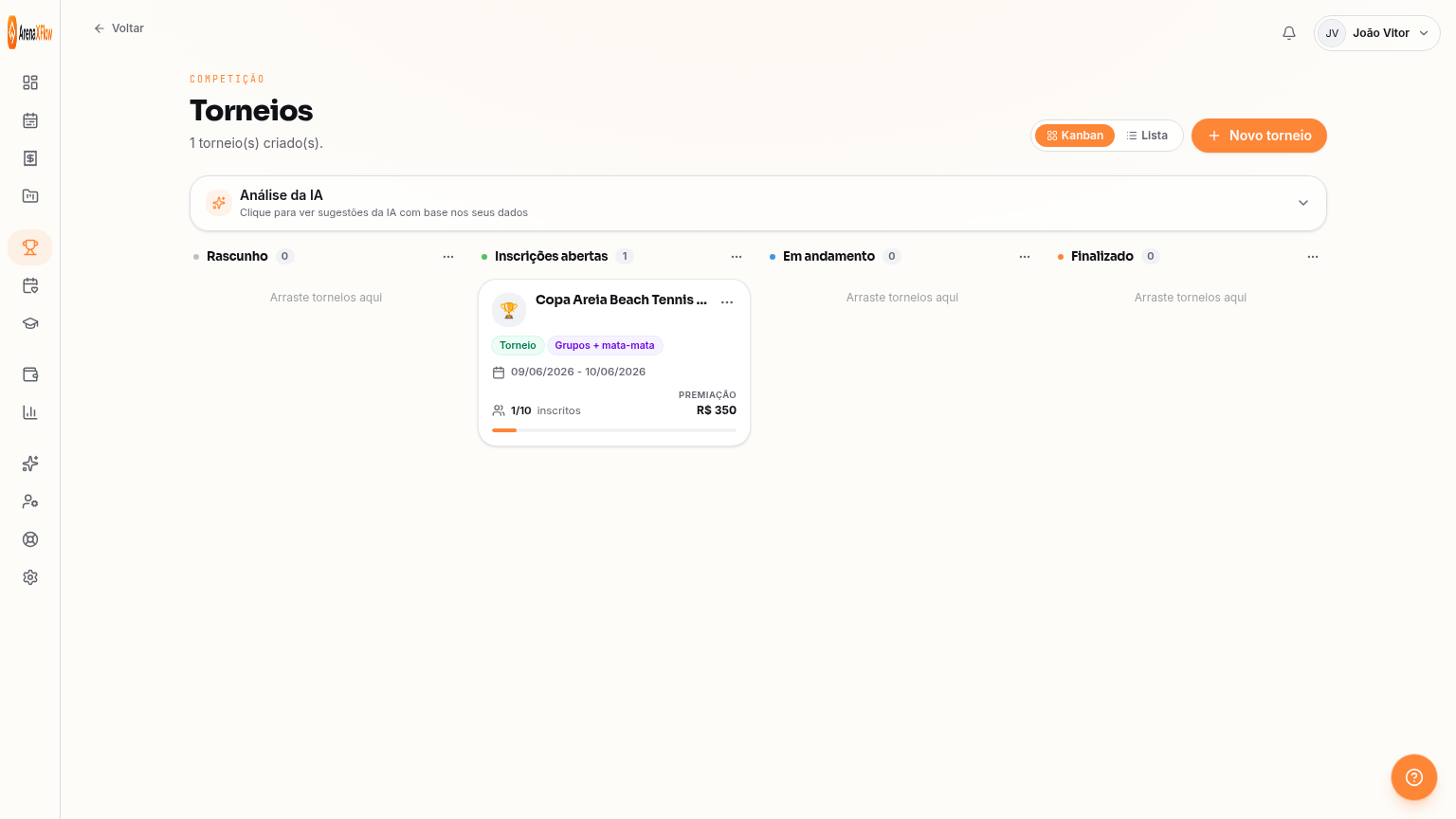 Tela de torneios em formato kanban com colunas Rascunho, Inscrições abertas, Em andamento e Finalizado